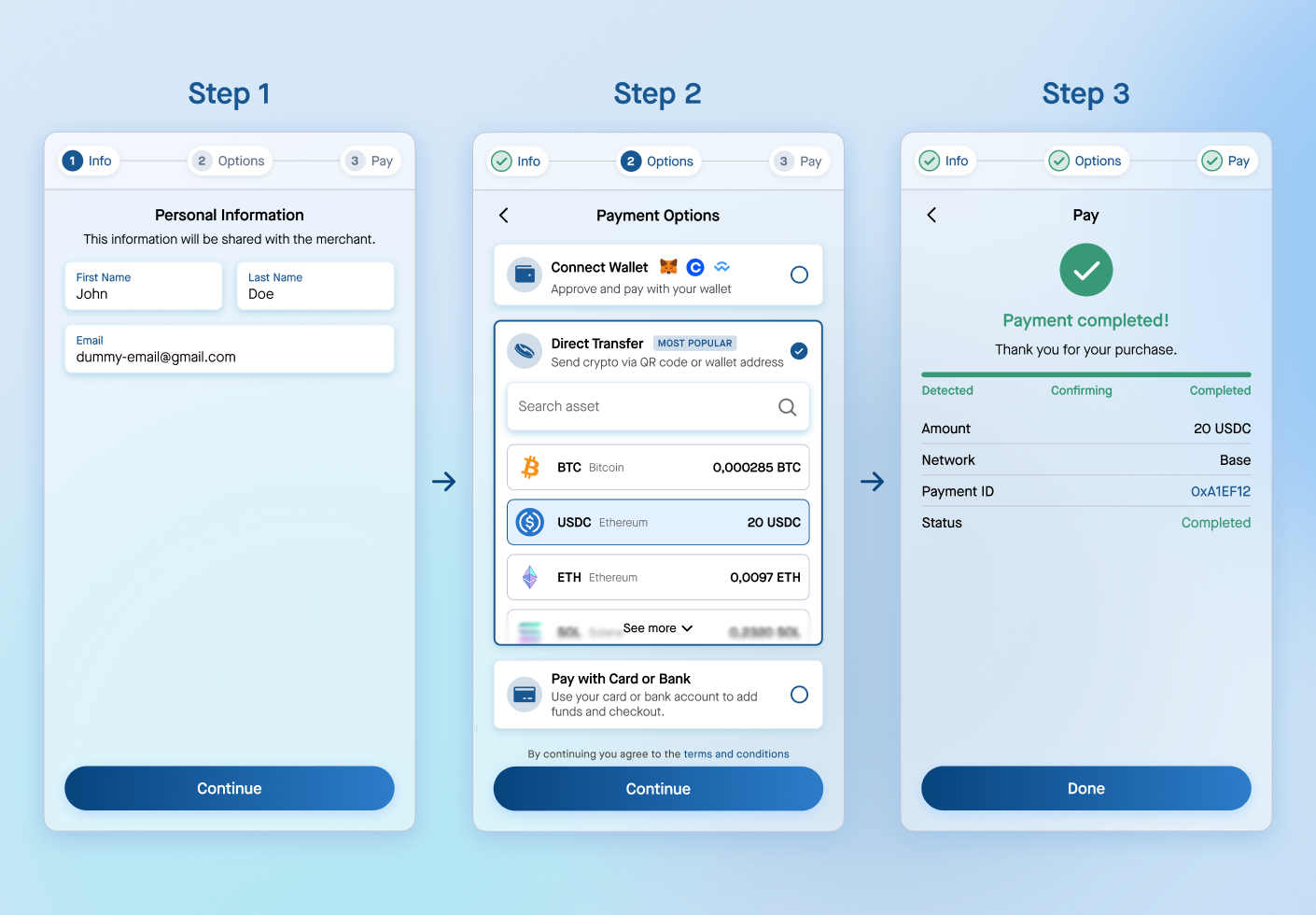 Checkout — the Info, Options and Pay steps